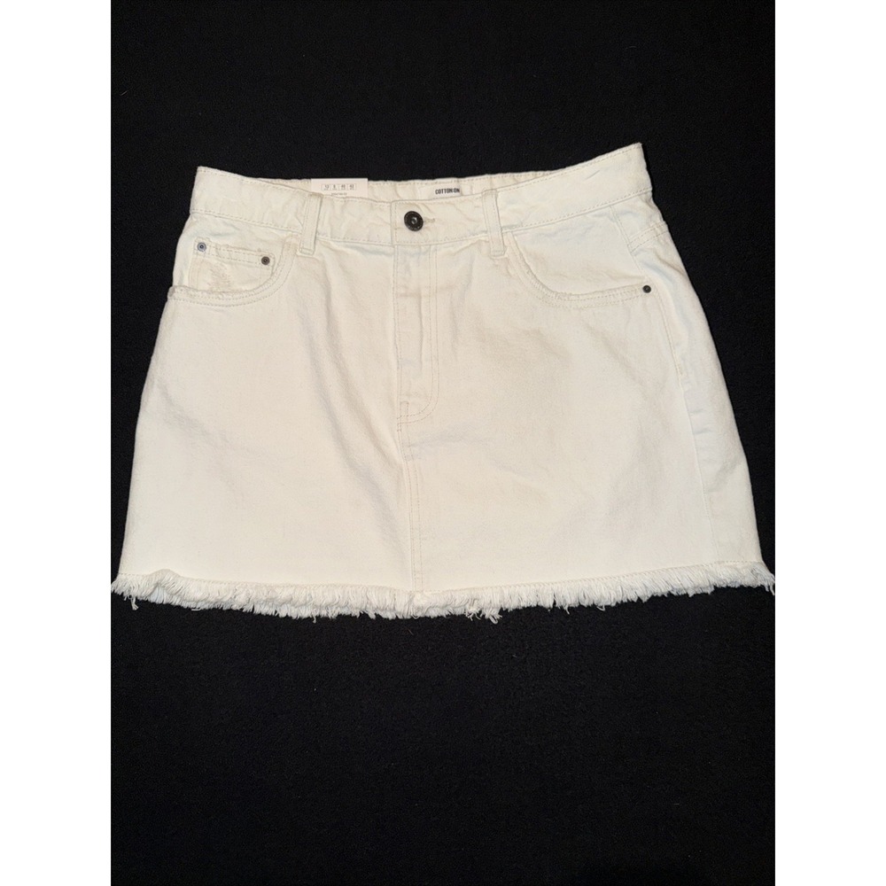 Cotton On White Denim Micro Mini Skirt Distressed Raw Hem Womens Size 8